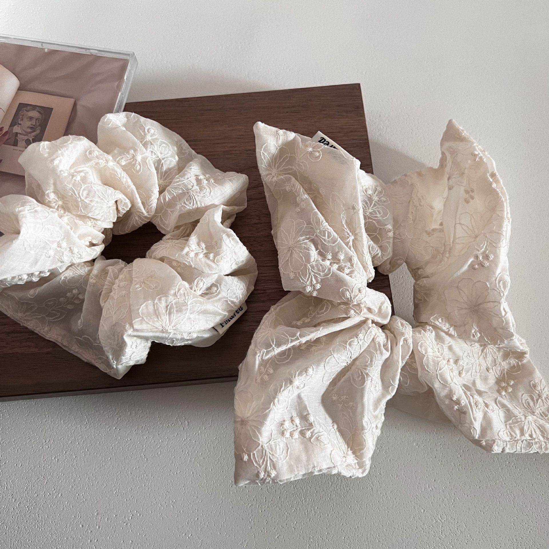 Women's Summer French Lace Scarf Hair Tie Beige Floral Embroidery