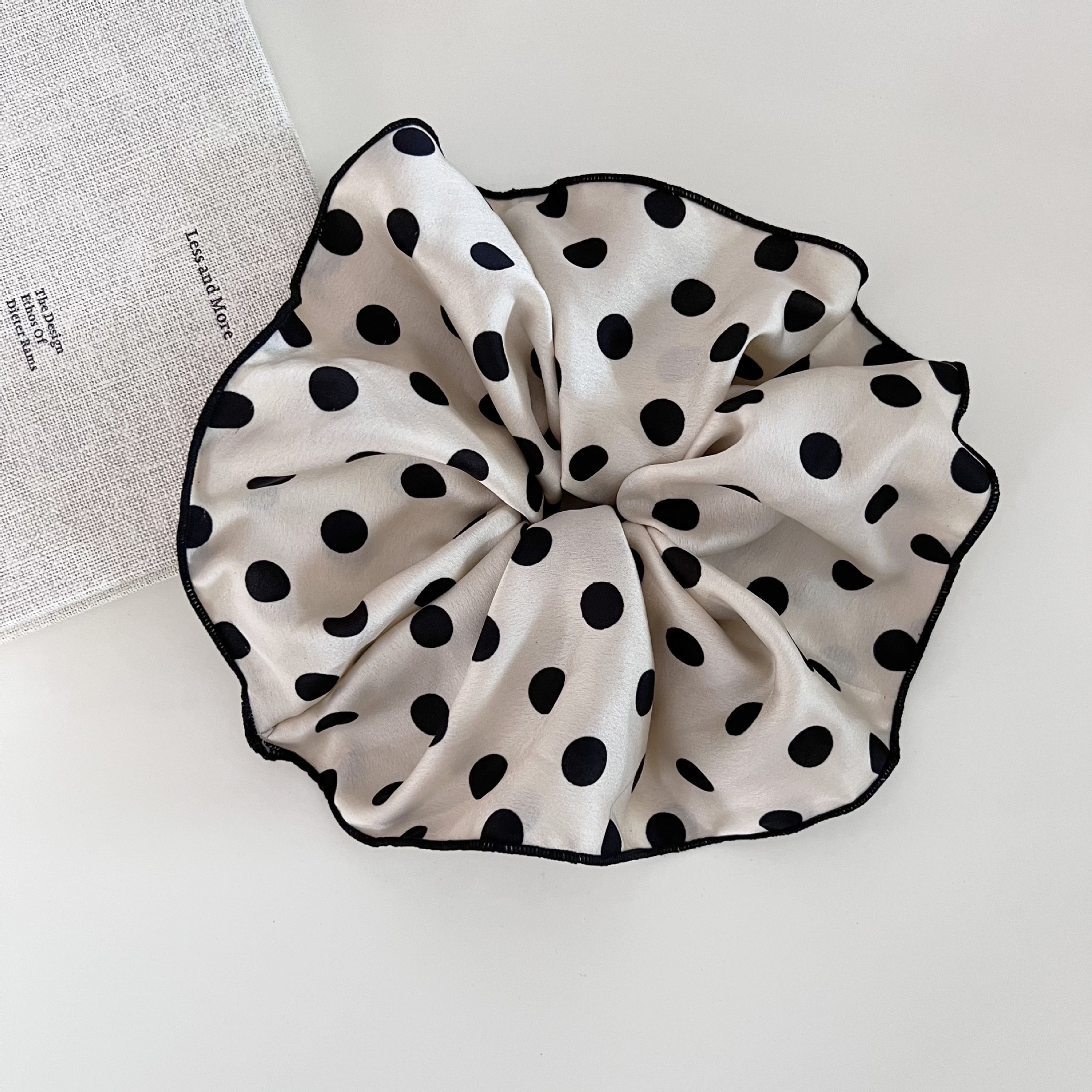 Women's Extra Large French Satin High Bun Hairband Black White Polka Dot