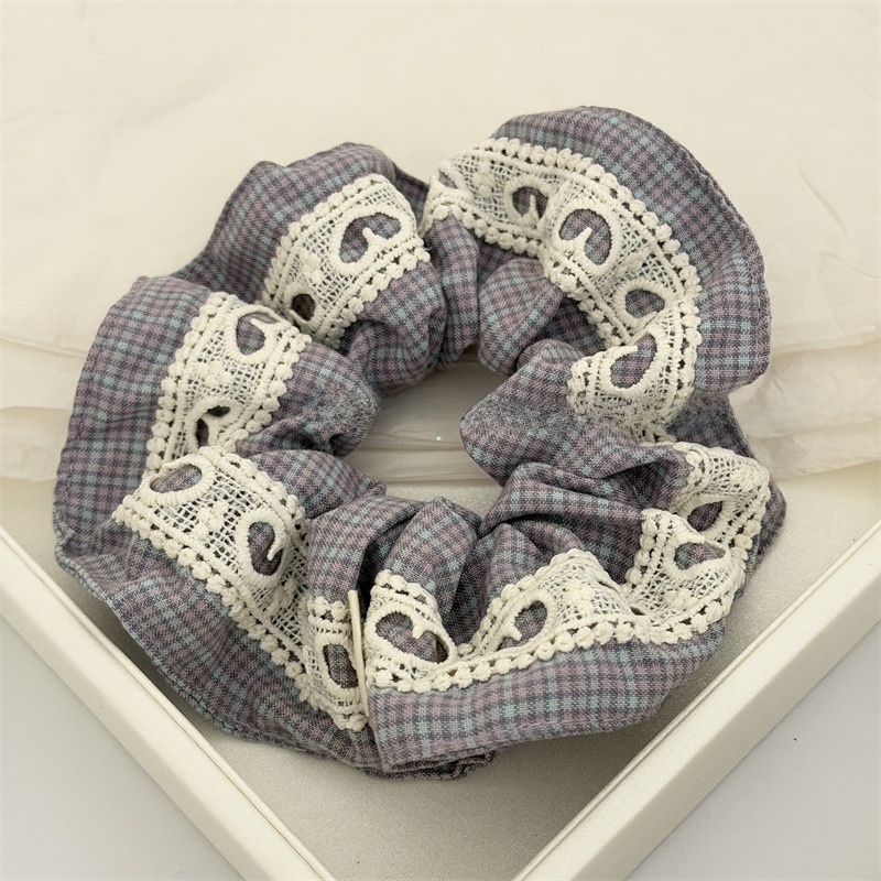 Women's Summer Cloth Hair Scrunchies Pink Plaid Lace Patchwork