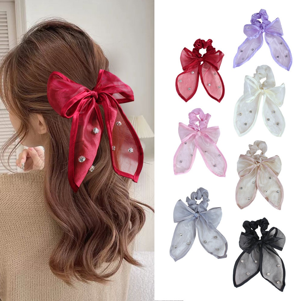 Women's Summer Fairy Gauze Rhinestone Ponytail Hair Tie Wine Red Bowknot