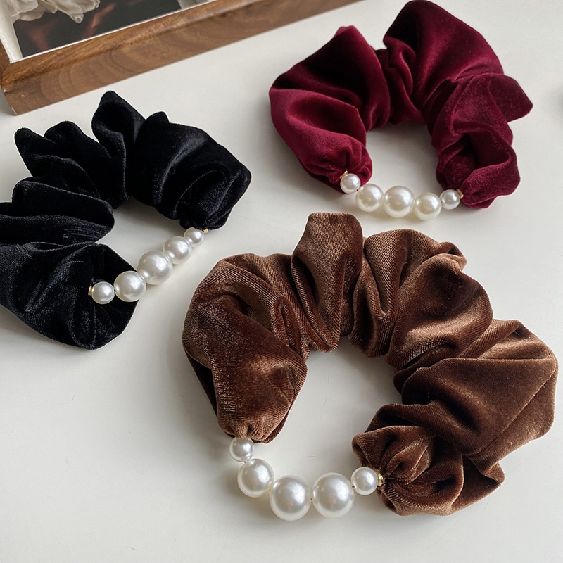 Women Pearl Velvet Winter Scrunchie Elastic Hair Tie Solid Black Red