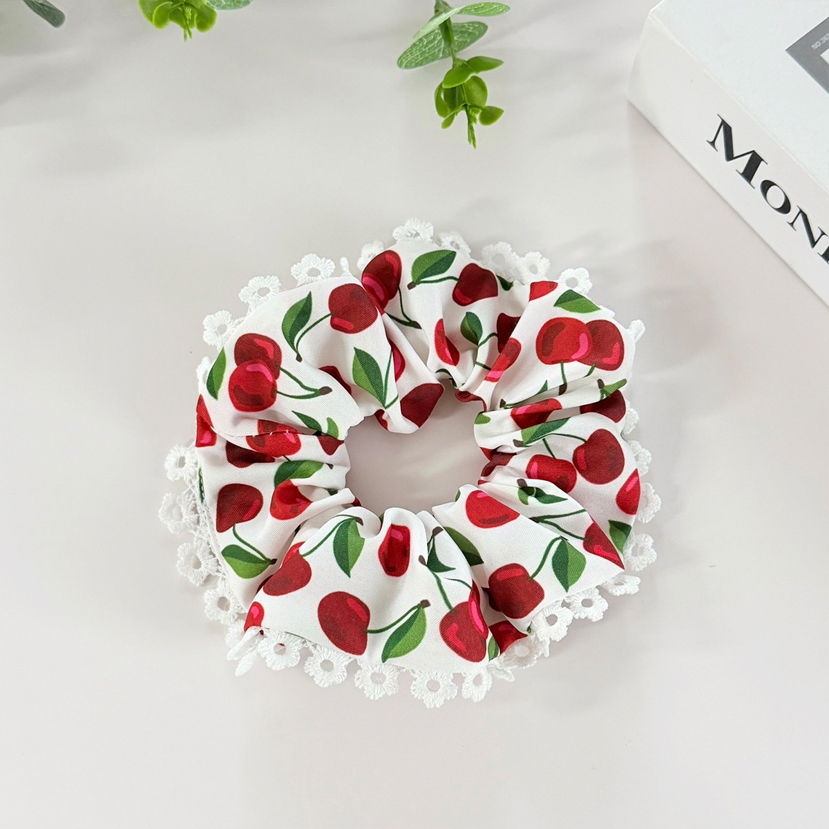 Women's Elegant Lace Cloth Hair Tie For Stylish Looks Cherry Pattern White