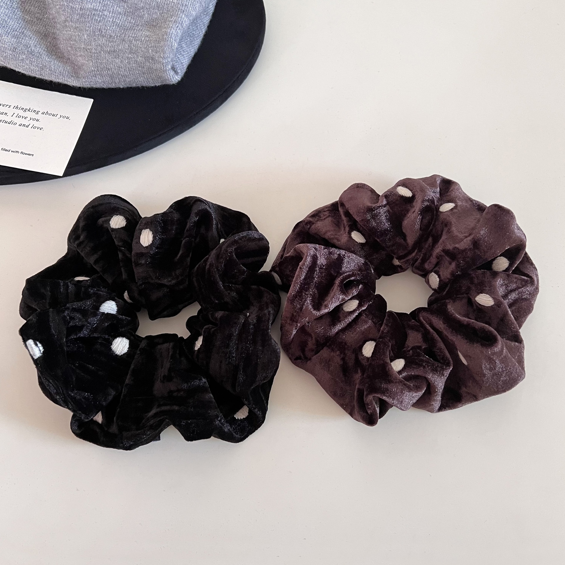 Women's Winter Velvet Ball Hair Tie For Elegant Bun Coffee Black Polka Dot