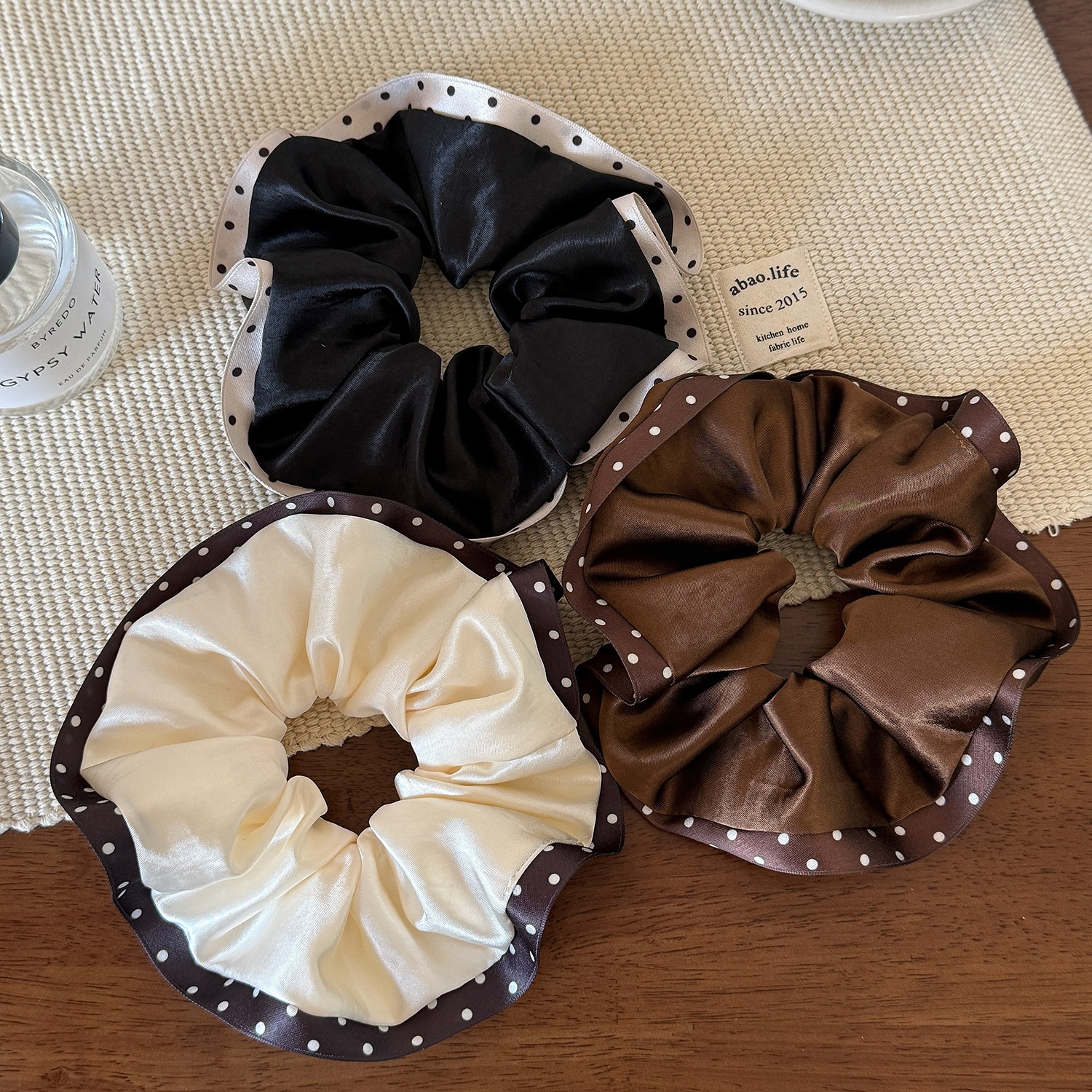 Women's Elegant Satin Lace Edge Hair Ties Scrunchies Polka Dot Pattern