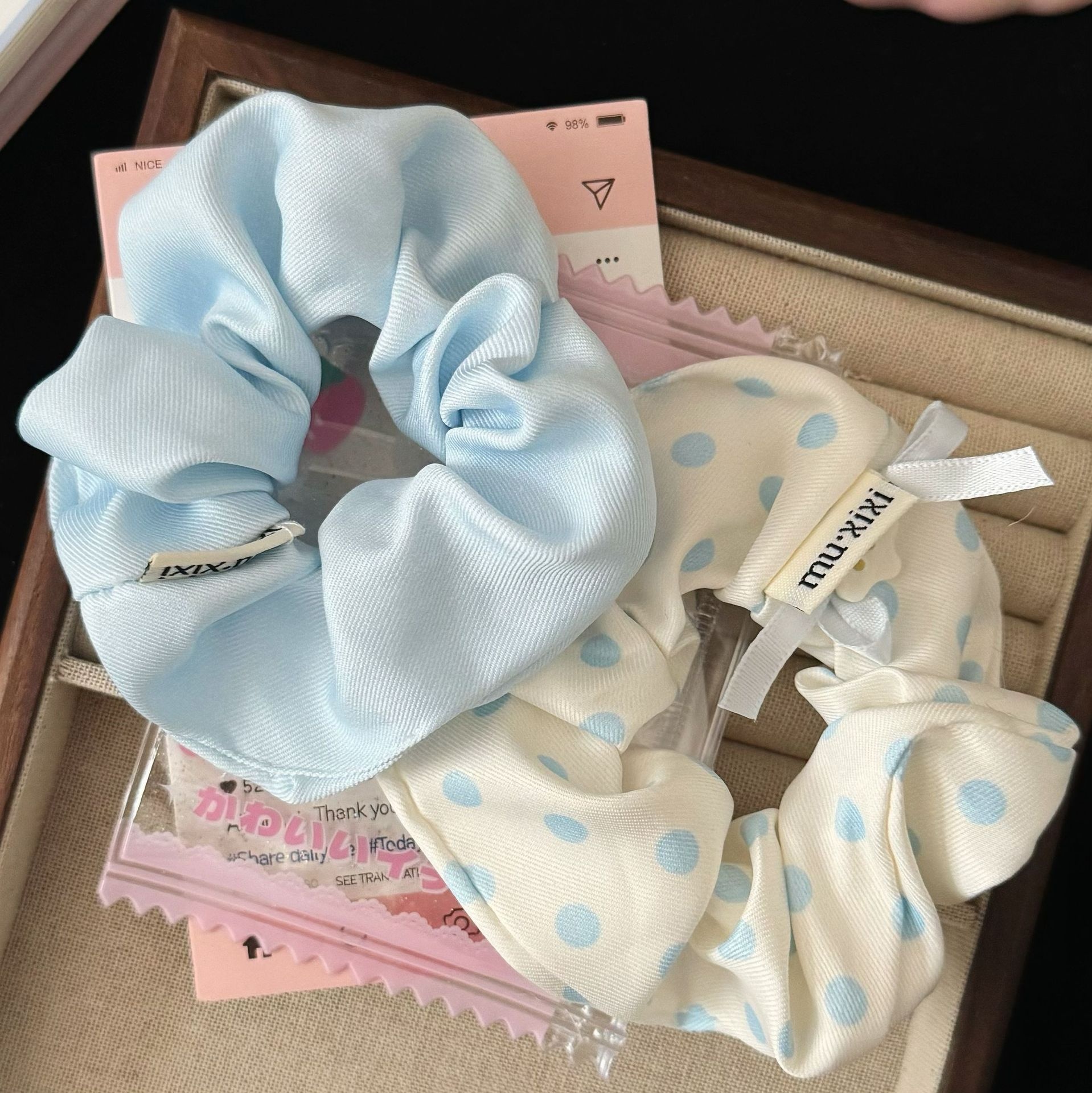 Women Sweet Cloth Scrunchie Summer Fresh Blue Polka Dot Star