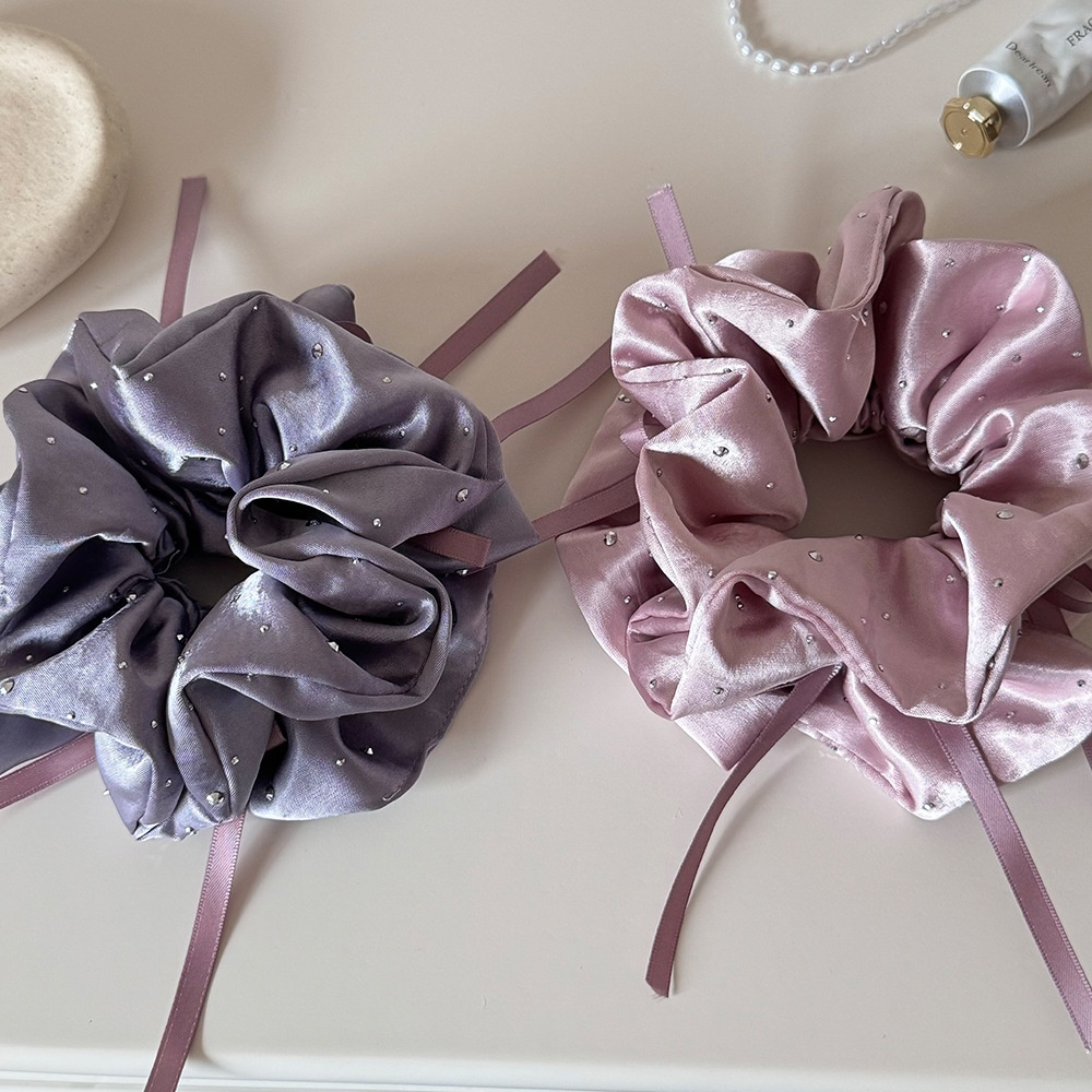 Women's Spring French Rhinestone Bowknot Hair Rubber Band Pink Satin