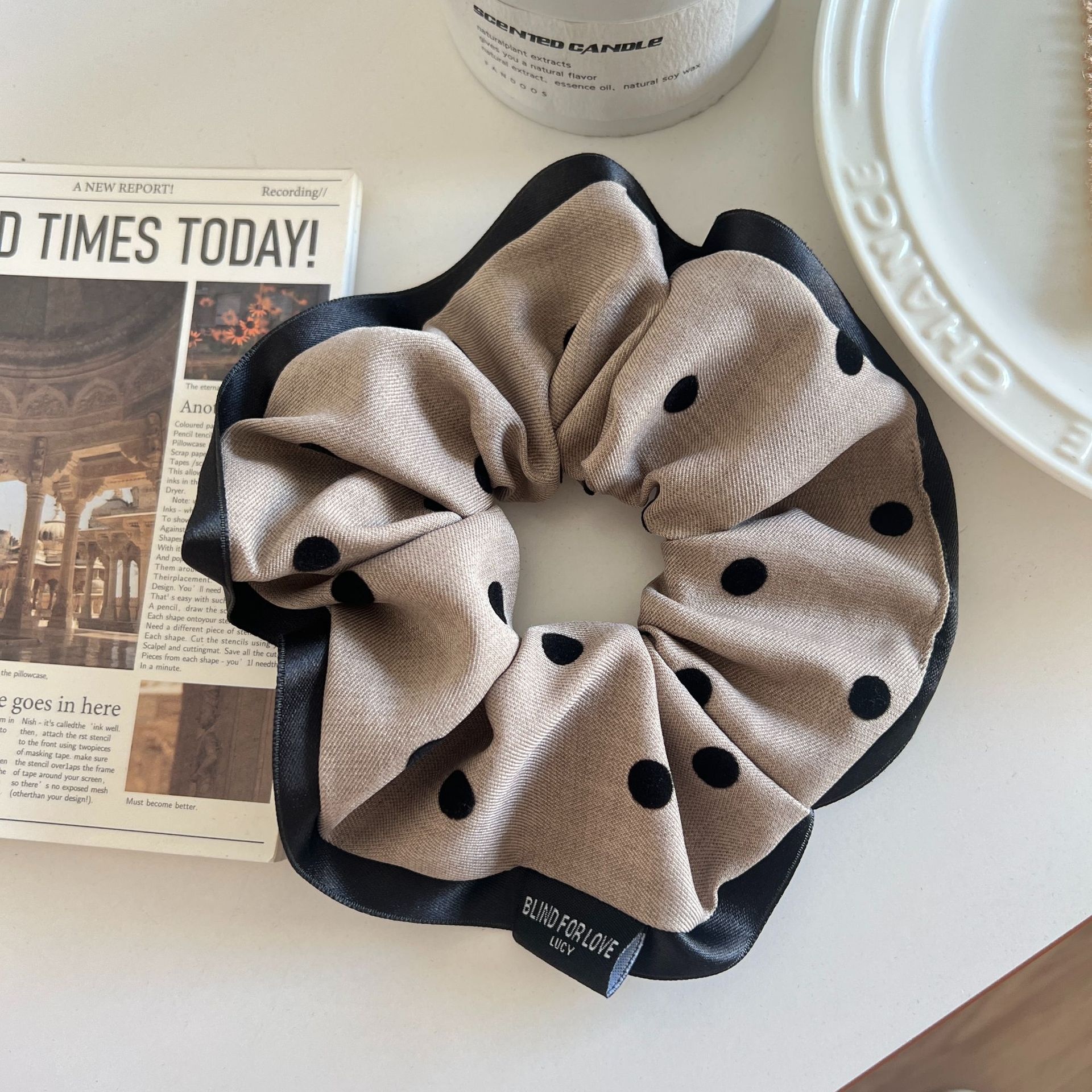 Women's Elegant Cloth Large Bow Hair Tie for Daily Wear Black Polka Dots