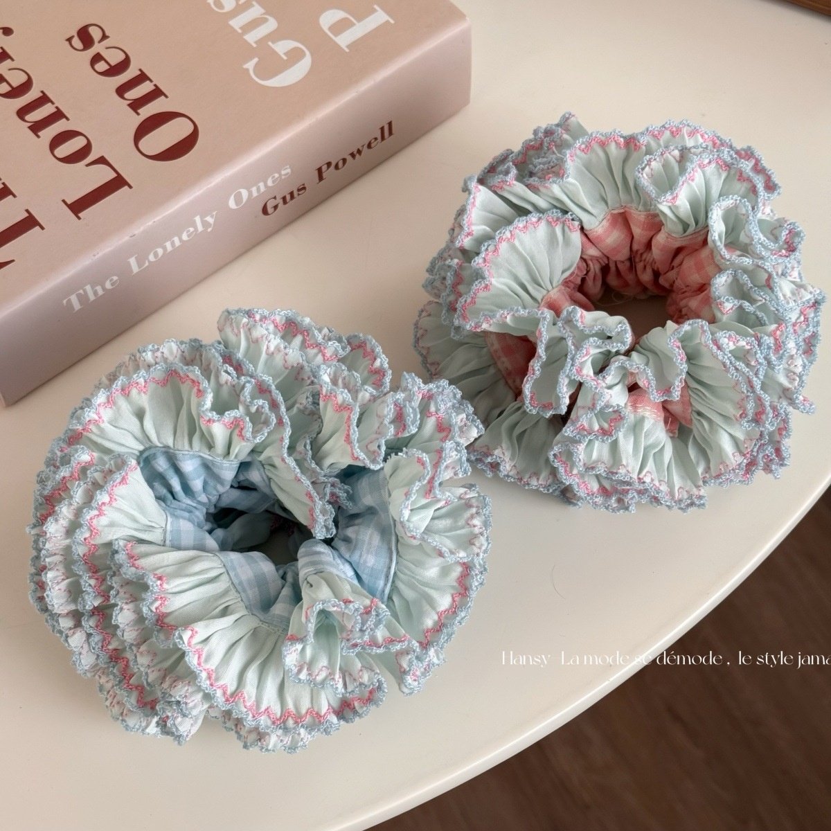 Women Daily Vintage Ruffled Bow Cloth Hairband Plaid Pink Blue