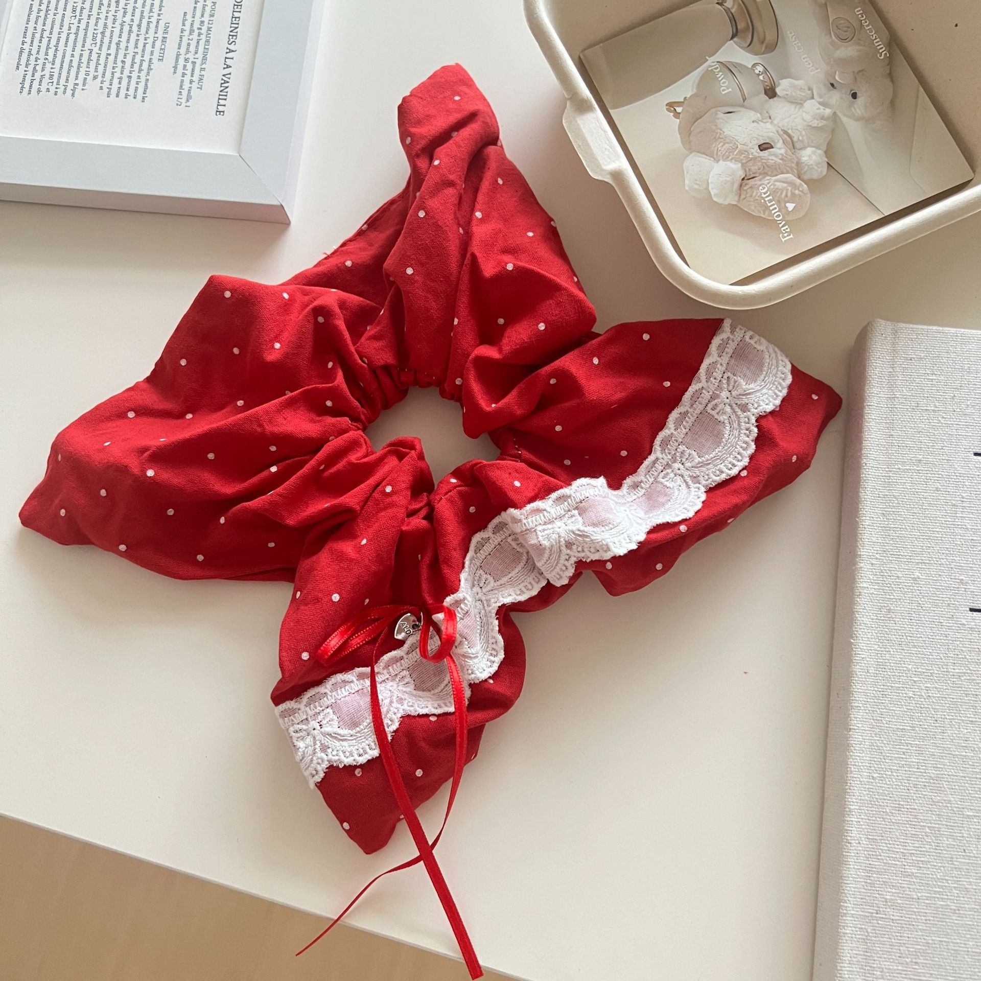 Women's Retro Red Polka Dot Scarf Hair Tie Elegant Cloth Daily Accessories