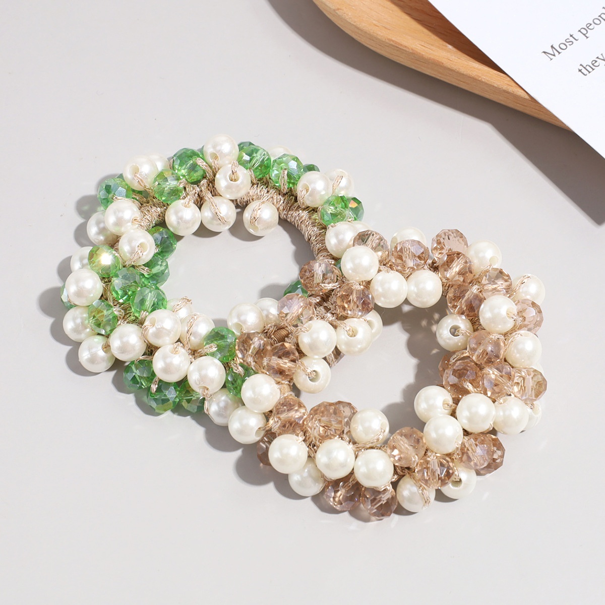 Women's Crystal Pearl Elastic Bun Hairband Brown White Pink Green