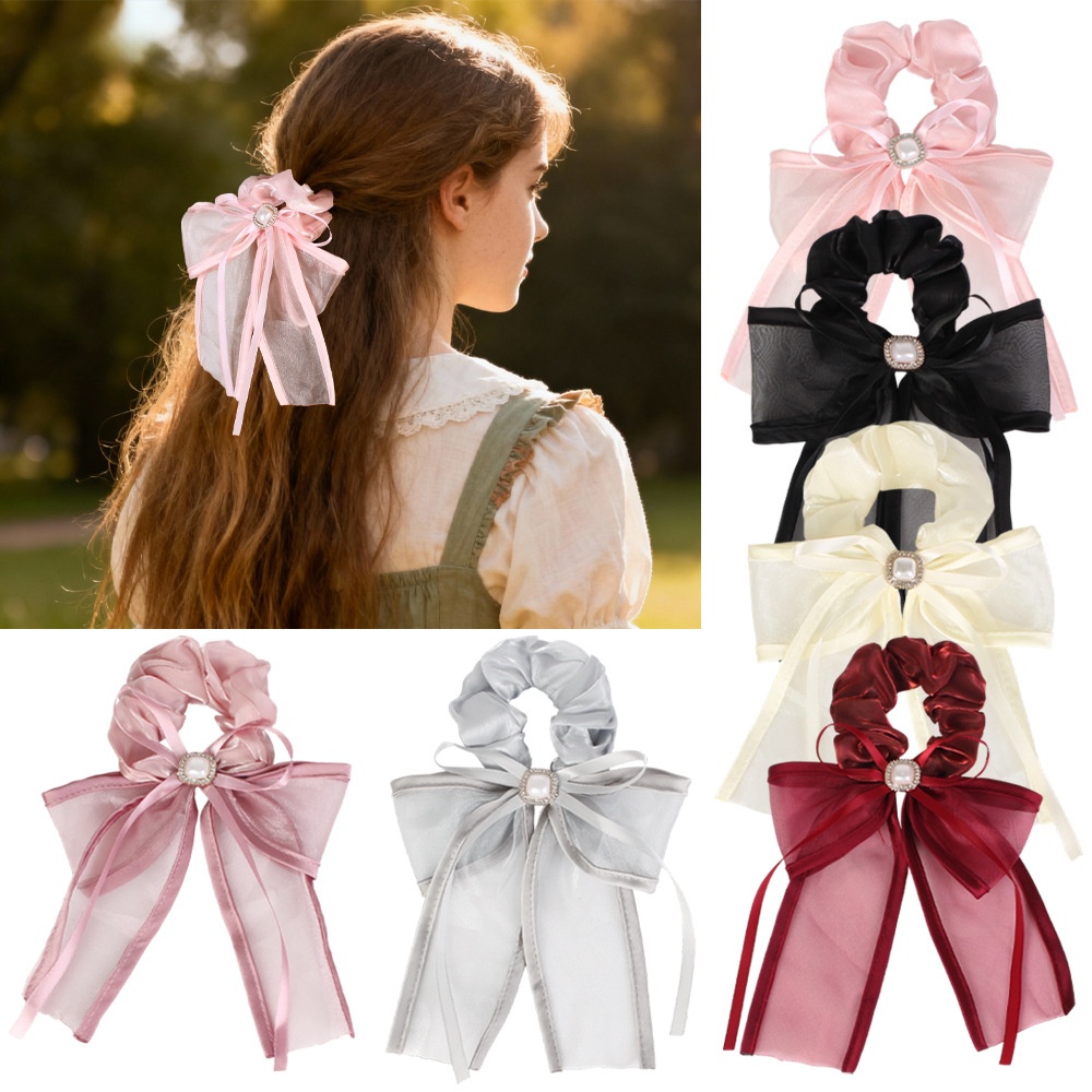 Women's Elegant Lace Mesh Hair Tie Princess Pearl Bowknot Multi-Color