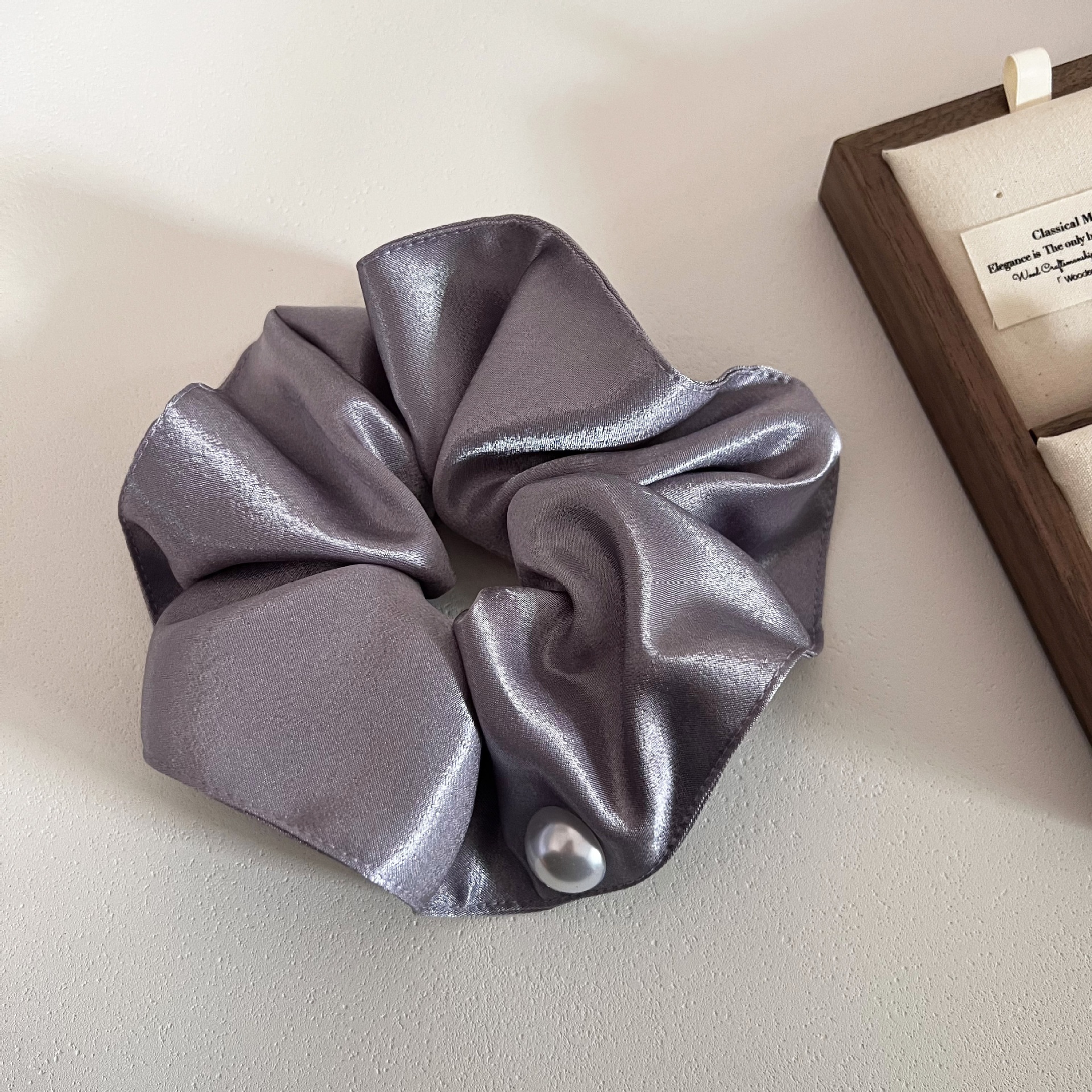 Women Elegant Satin Pearl Double Layer Hair Ties Scrunchies Solid Color