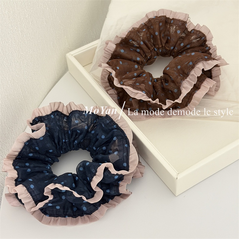 Women's Daily Soft Gauze Hair Scrunchie Navy Blue Polka Dots