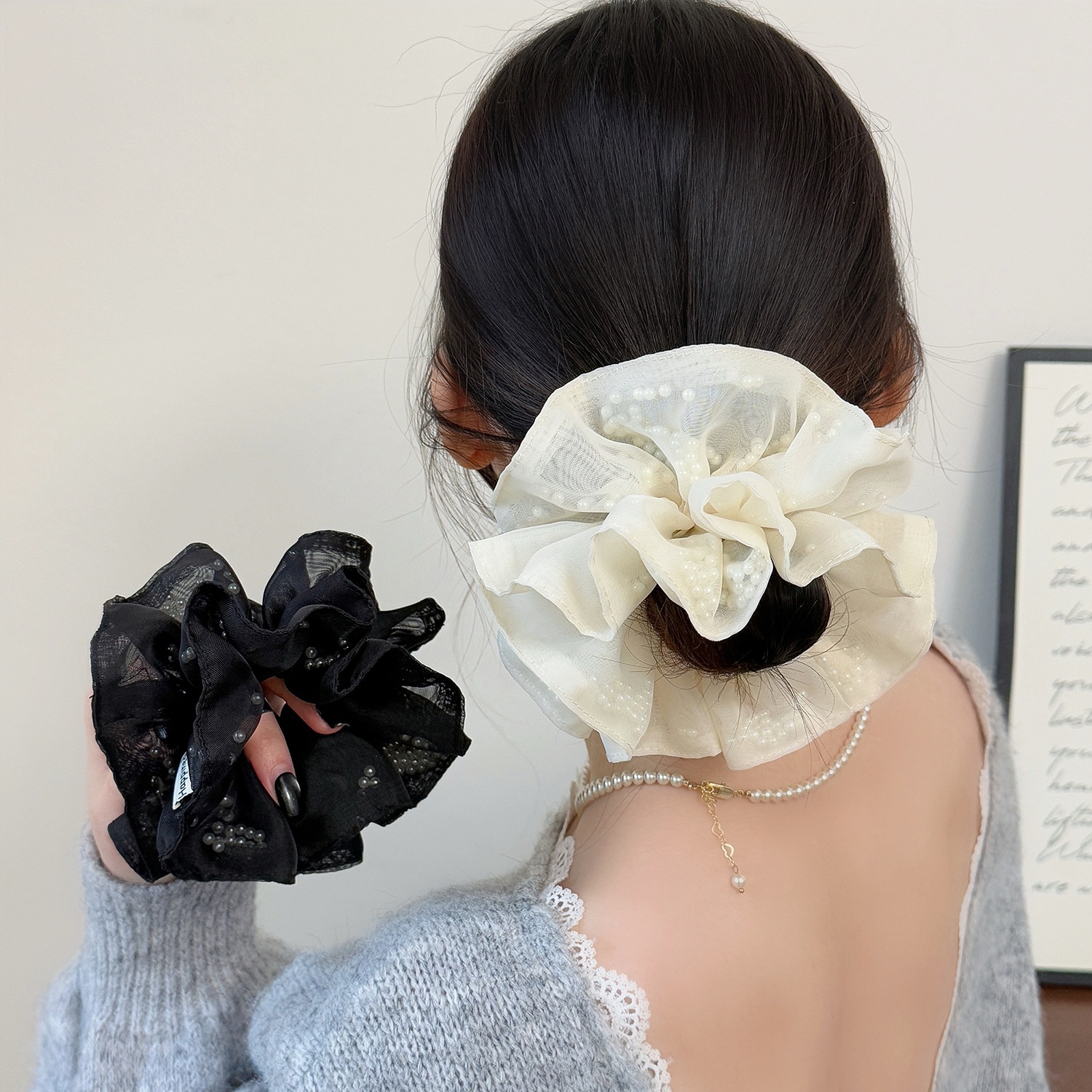Women's Elegant Soft Gauze Pearl Hair Tie Spring Scrunchie Black