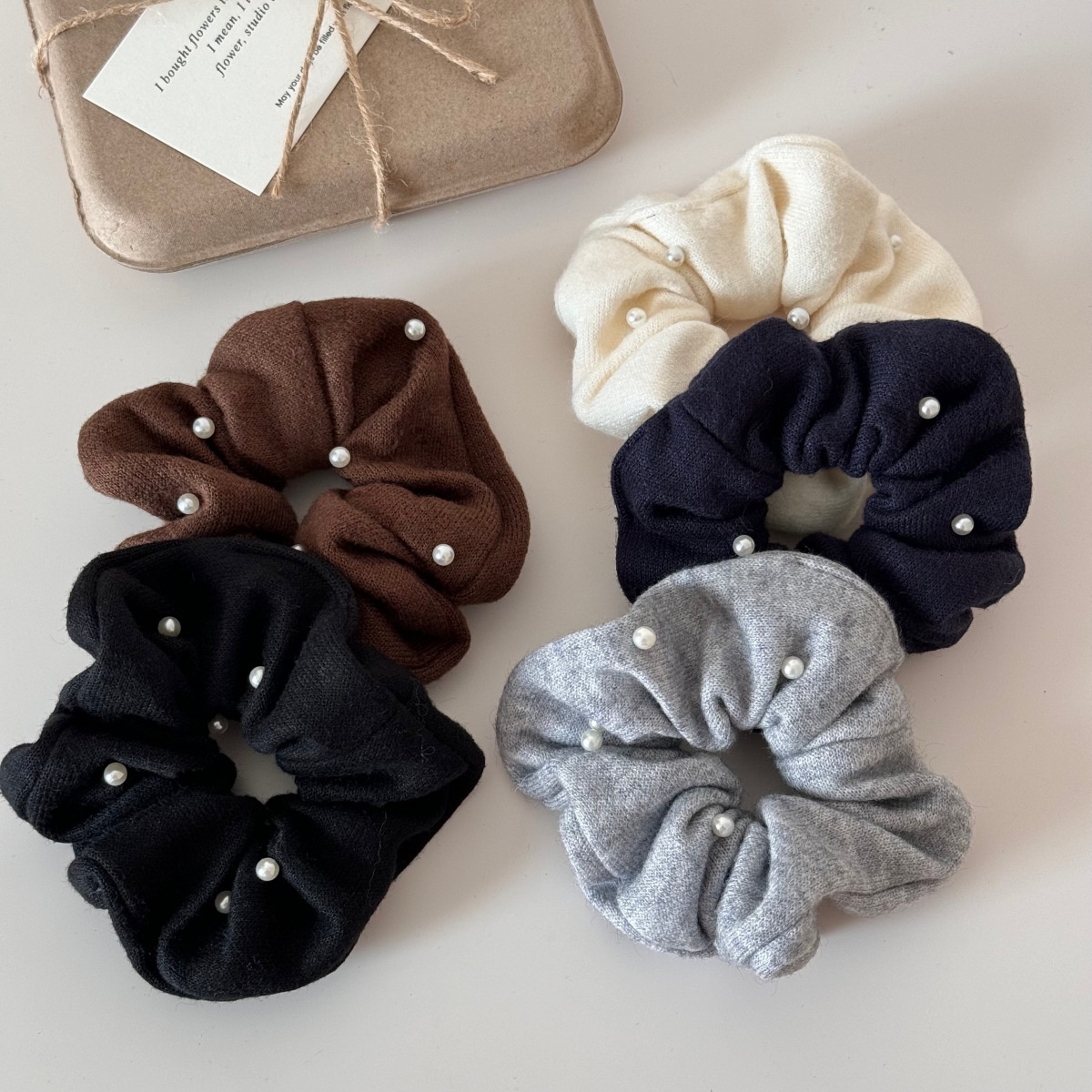 Women Elegant Pearl Knitted Cotton Hair Bands Winter Bun Ties Solid Colors