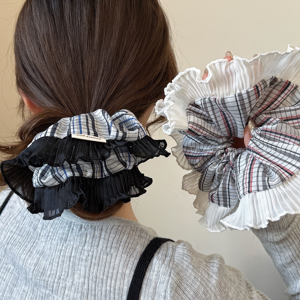 Women Cloth Scrunchies Elastic Hair Tie Black White Plaid Checkered Design