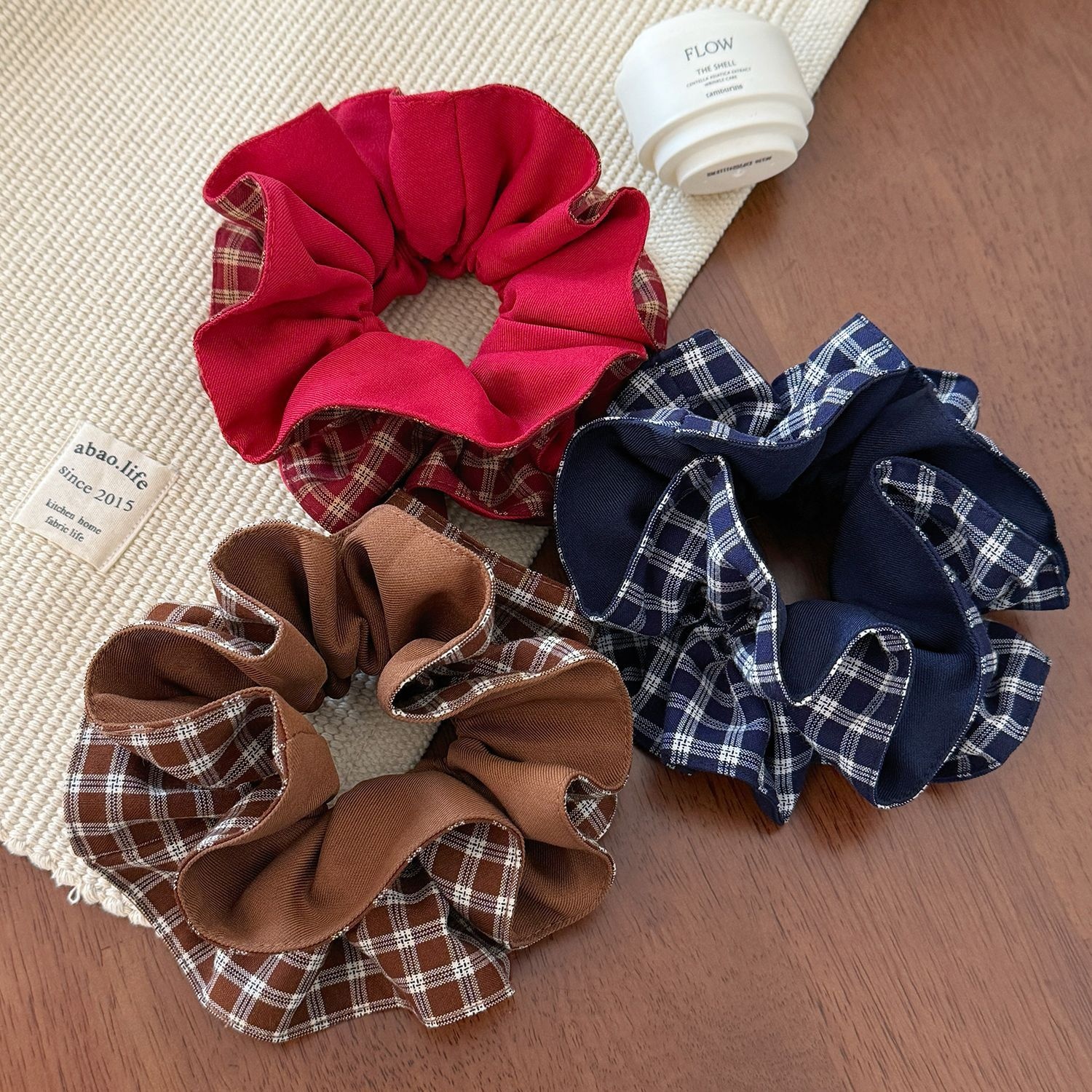 Women's Retro Cloth Flower Bud Hair Ties Double Layer Plaid Scrunchies