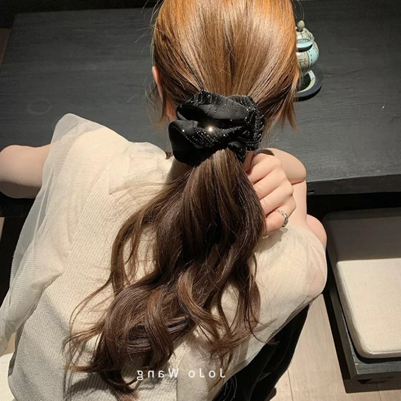 Women's Sparkly Rhinestone French Style Autumn Cloth Hair Tie Black