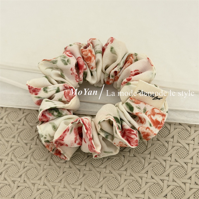 Women's Minimalist Fabric Hair Tie For Ponytails Beige Black Floral Print
