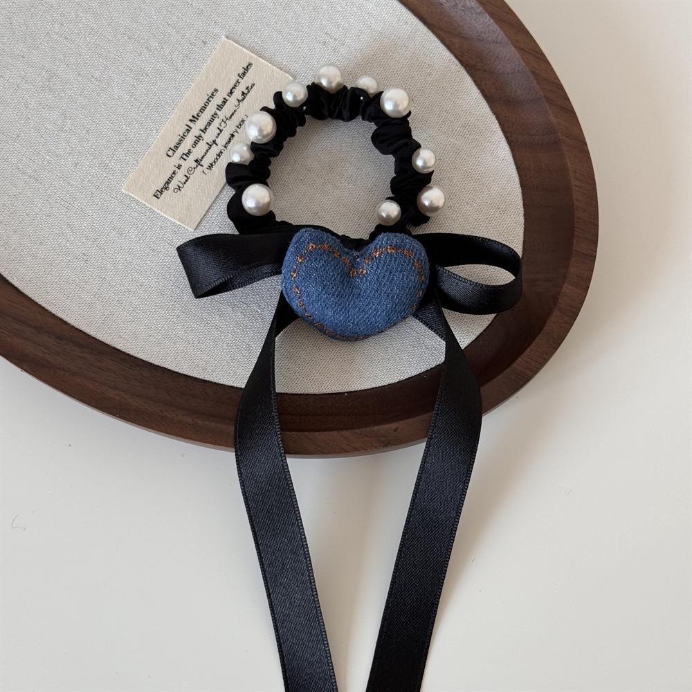 Women's Retro Denim Hair Tie Summer Accessory Pearl Heart Bow Knot