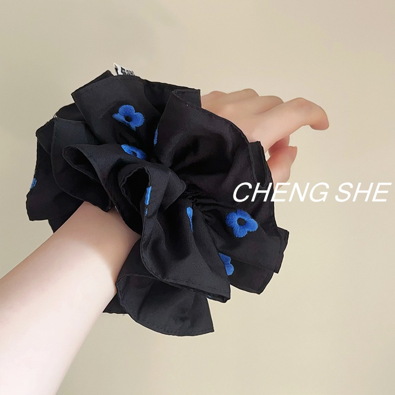Women's Elastic Cloth Bowknot Scrunchie Fresh Blue Floral Embroidery