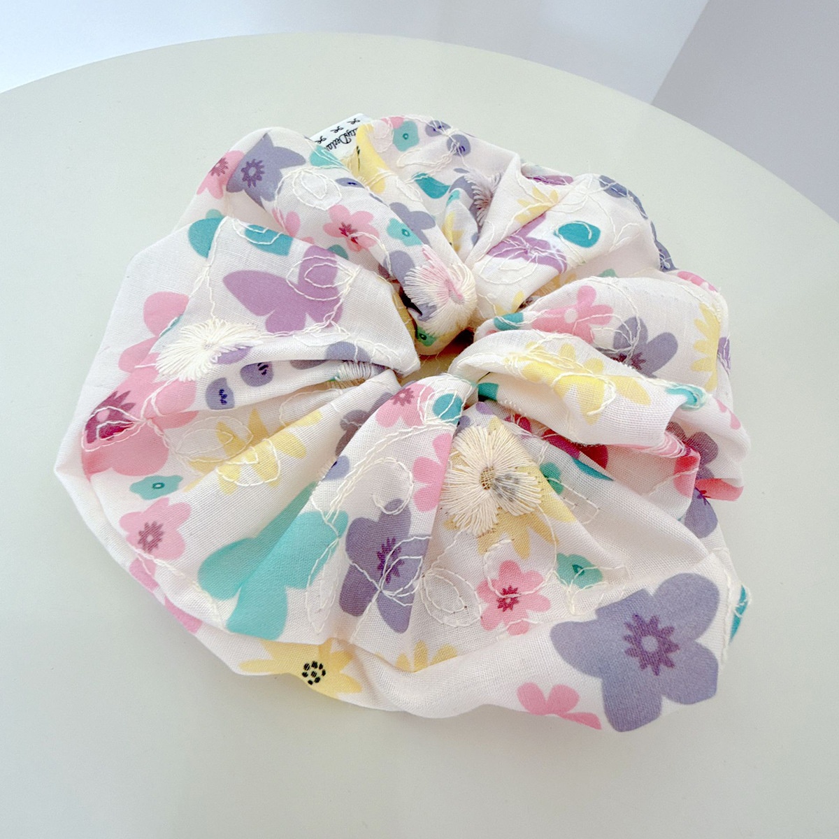 Women's Summer Cloth Hair Tie Ditsy Floral Embroidery Beige Pink Purple