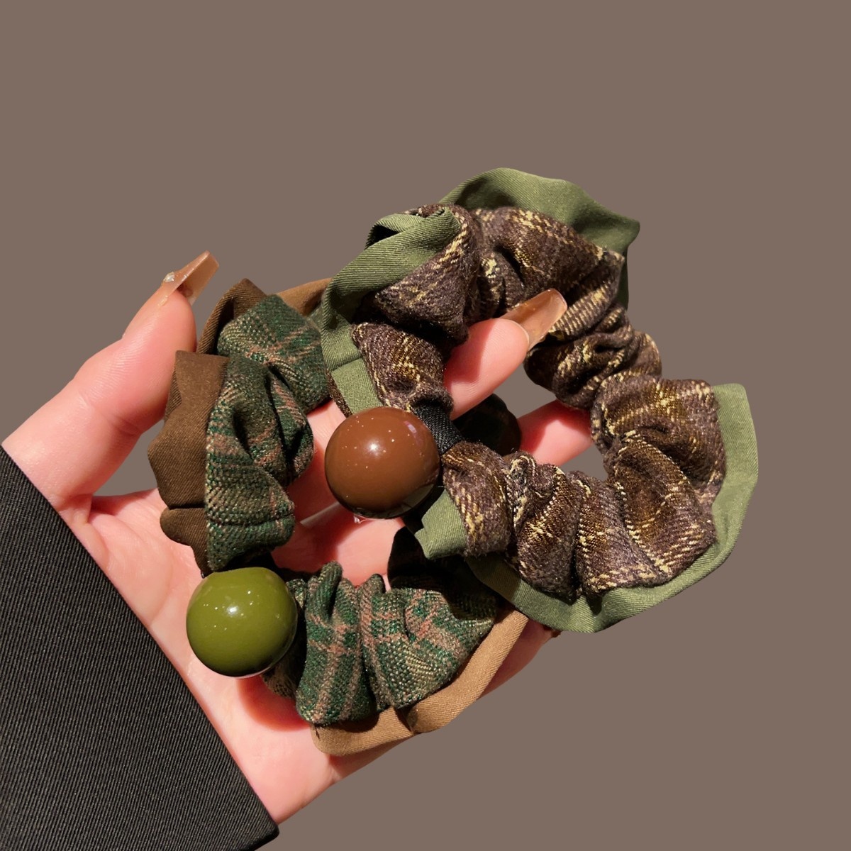 Women's Cloth High Ponytail Hair Tie Headband Vintage Green Plaid