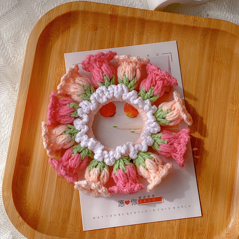 Women's Handmade Knitted Yarn Scrunchie Bellflower Bowknot Hair Tie