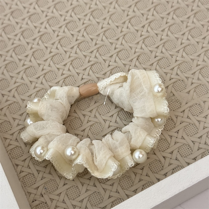 Women's Pearl Bubble Braid Cloth Hair Tie Summer Accessory Beige Black