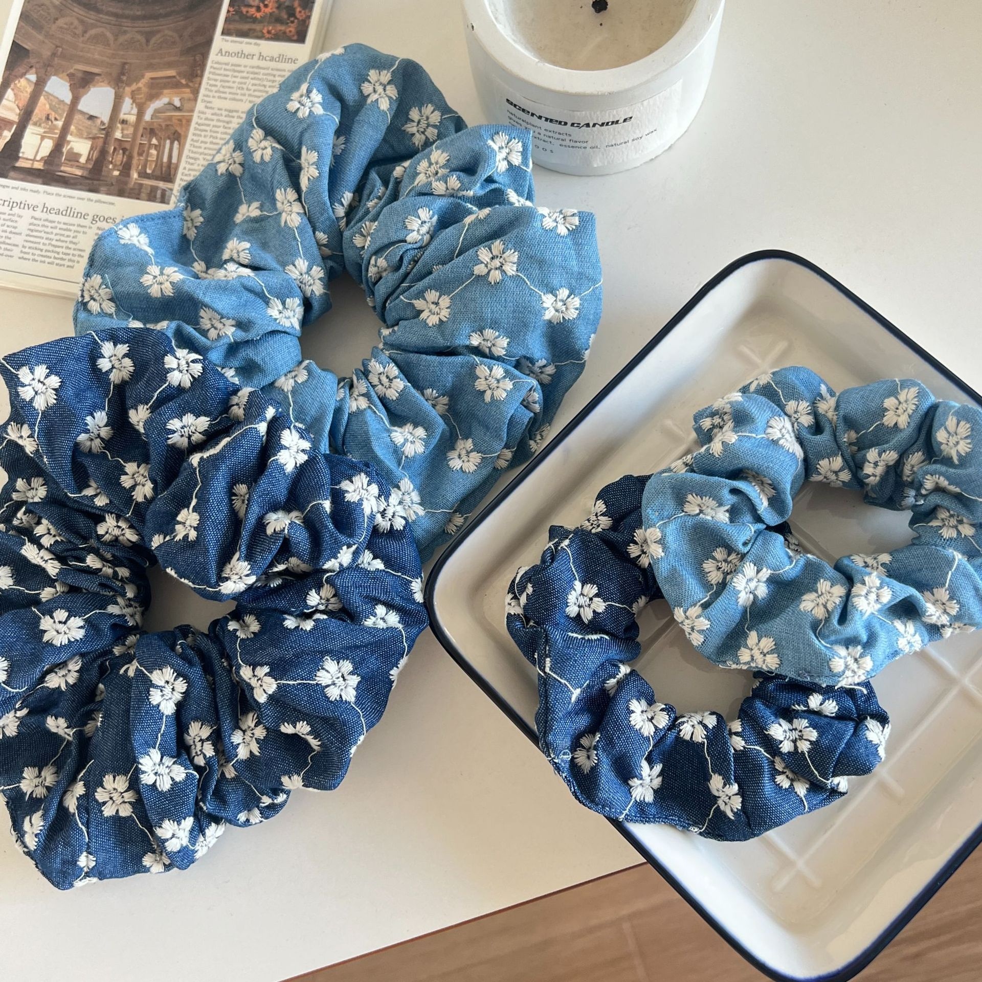 Women's Large Denim Blue Rose Flower Hair Tie Elegant Elastic Cloth Hair Band