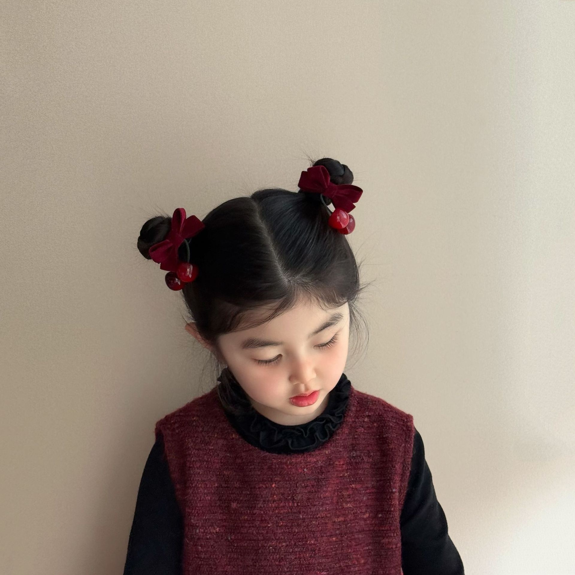 Girls Festive Velvet Headband New Year Hair Accessories Wine Red Cherry