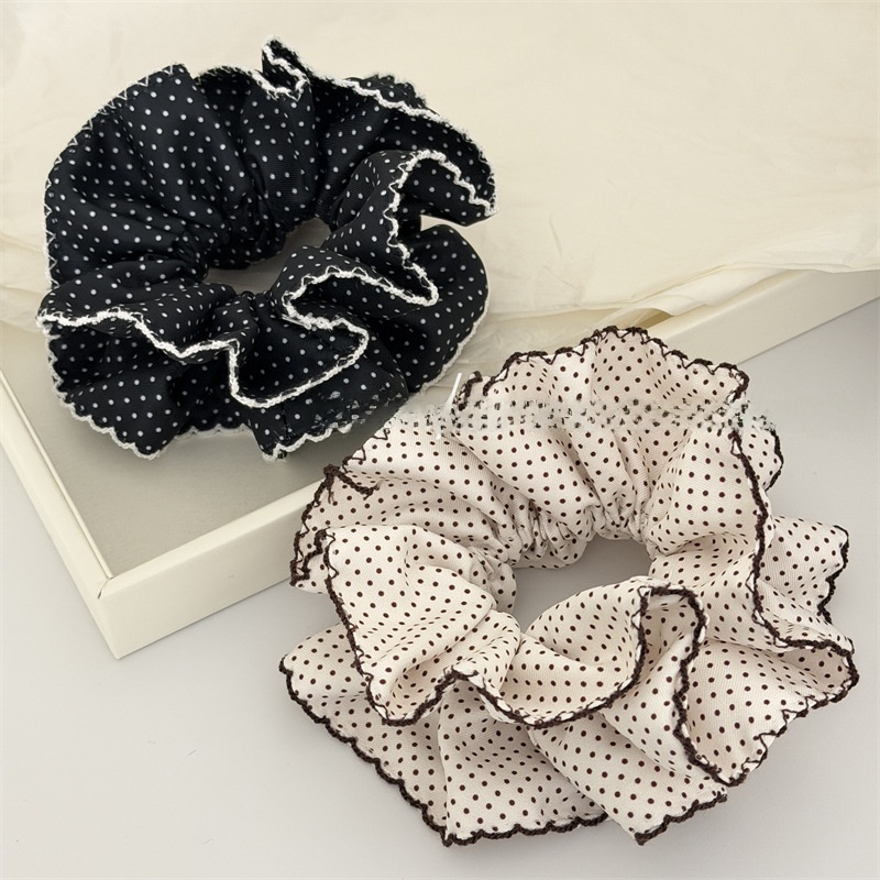 Women's Spring Cloth Hair Tie Scrunchie White Polka Dots Heart Pattern