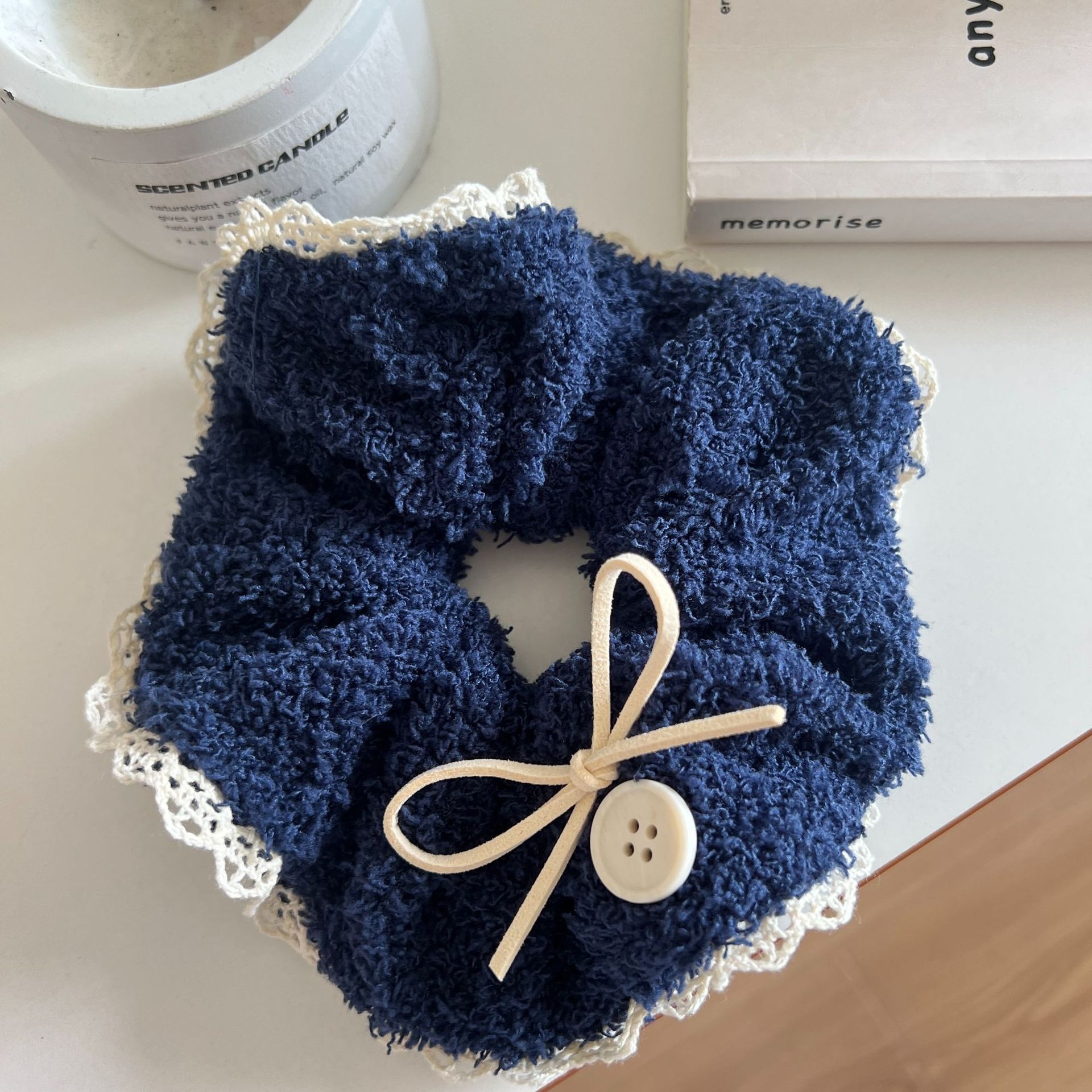 Women's Autumn Winter Fluffy Lace Trim Elastic Scrunchie Sweet Bowknot