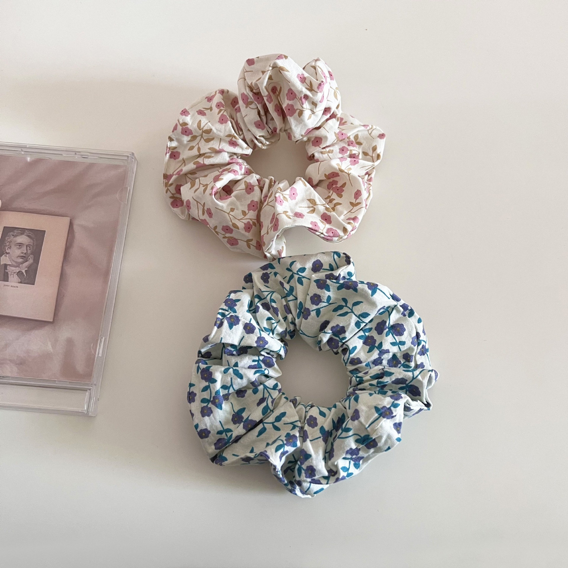 Women's Soft Cloth Elastic Scrunchie for Low Bun Blue Pink Ditsy Floral