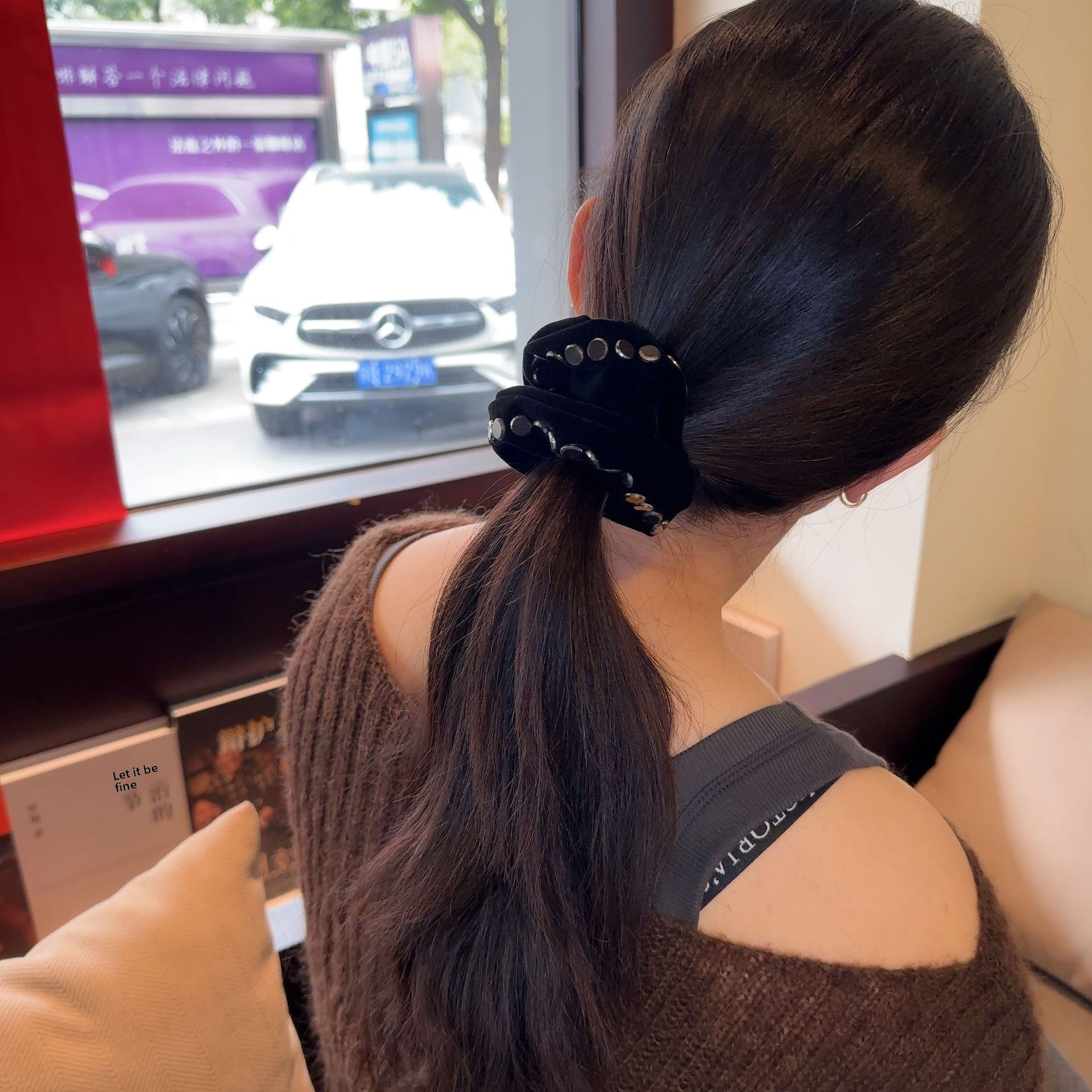 Women's Vintage Velvet Crystal Ponytail Hairband Solid Coffee Black