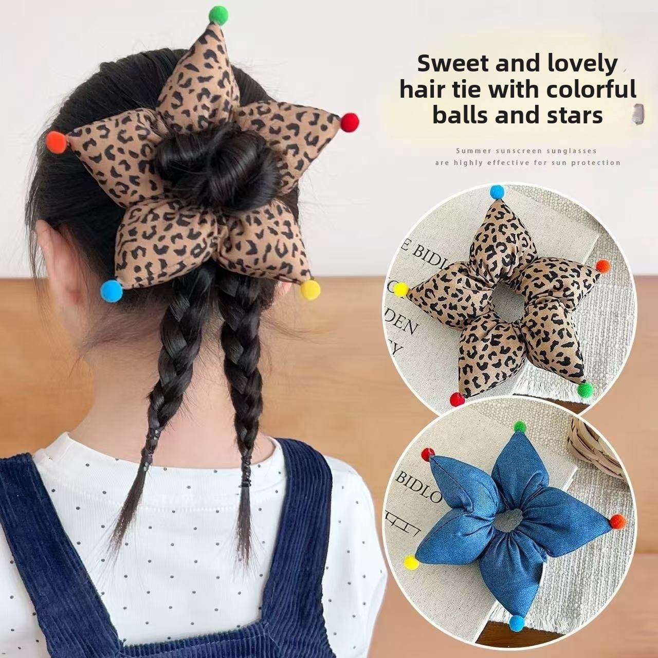 Girls Soft Cloth Bubble Braid Hair Tie Daily Wear Red Pentagram Pattern