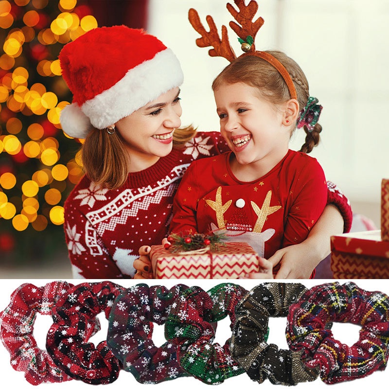 Women's High Elastic Cloth Bow Hair Ties Christmas Plaid Floral Print
