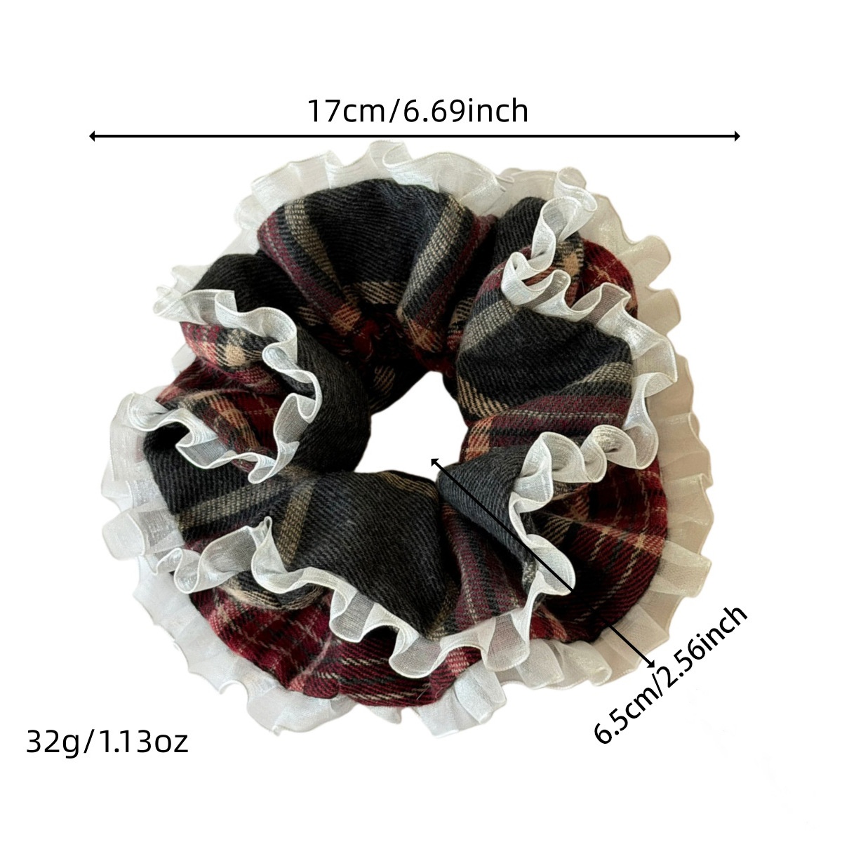 Women's French Style Cloth Headband Large Plaid Lace Edge