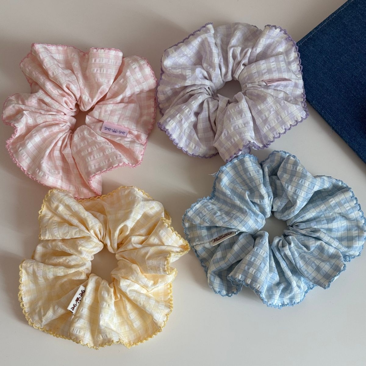 Women's Spring Cloth Bubble Braid Hair Rope Accessory Yellow Plaid