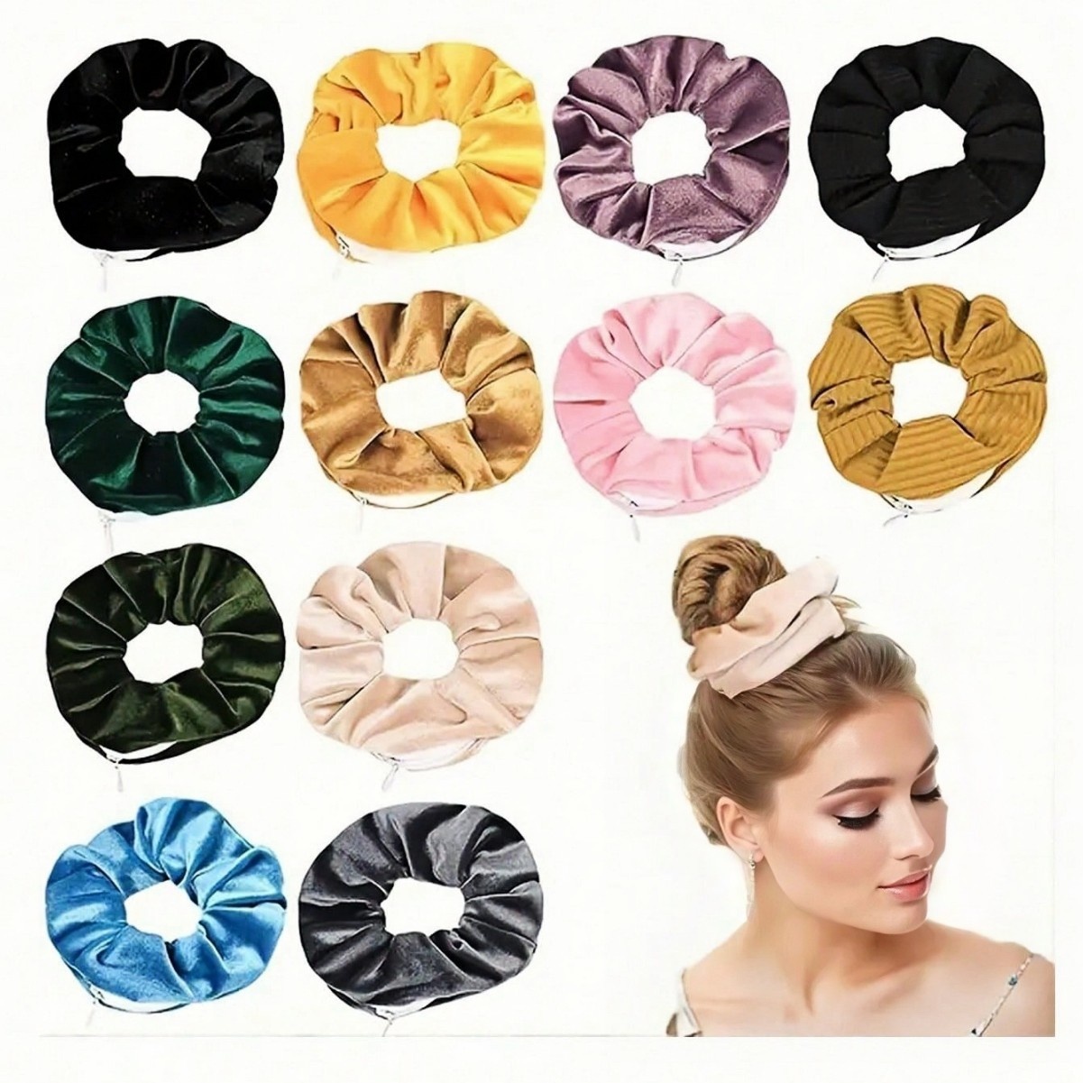 Women's Velvet Zipper Pocket Hair Scrunchies Retro Leopard Multi-Color