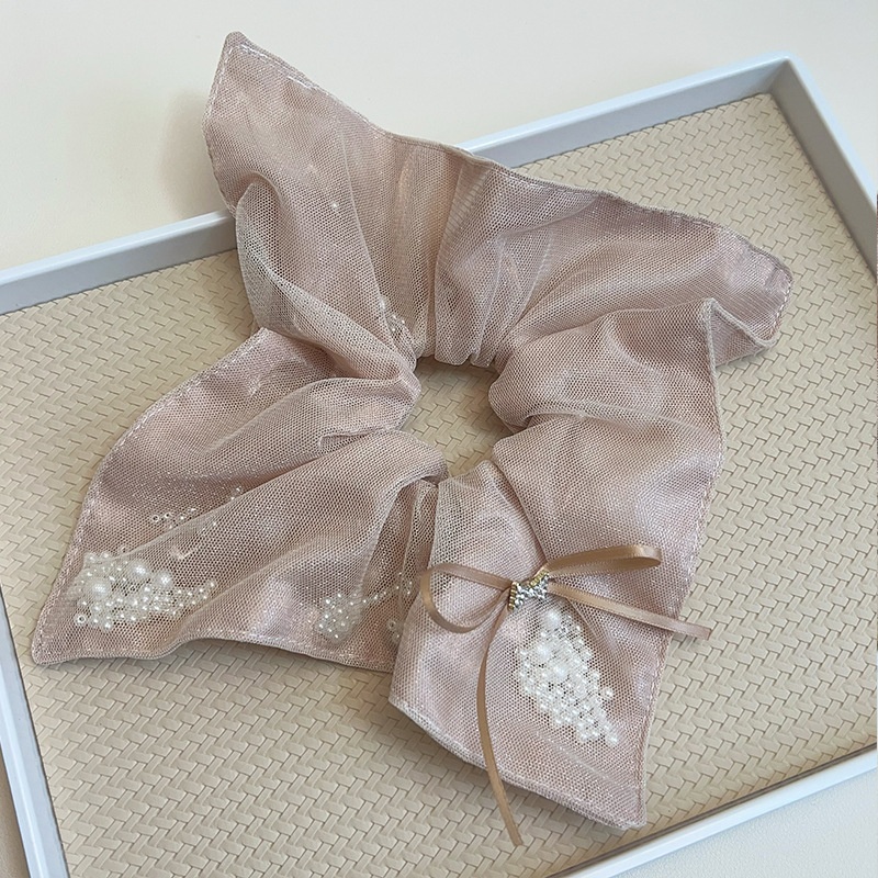 Women's Pearl Gauze Bowknot Hair Tie Low Ponytail Scrunchie Khaki Pink