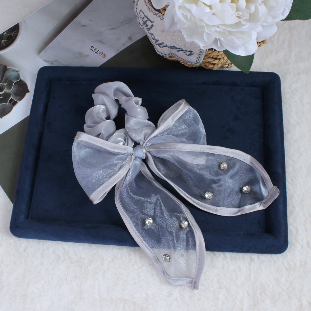 Women's Summer Fairy Gauze Rhinestone Ponytail Hair Tie Wine Red Bowknot