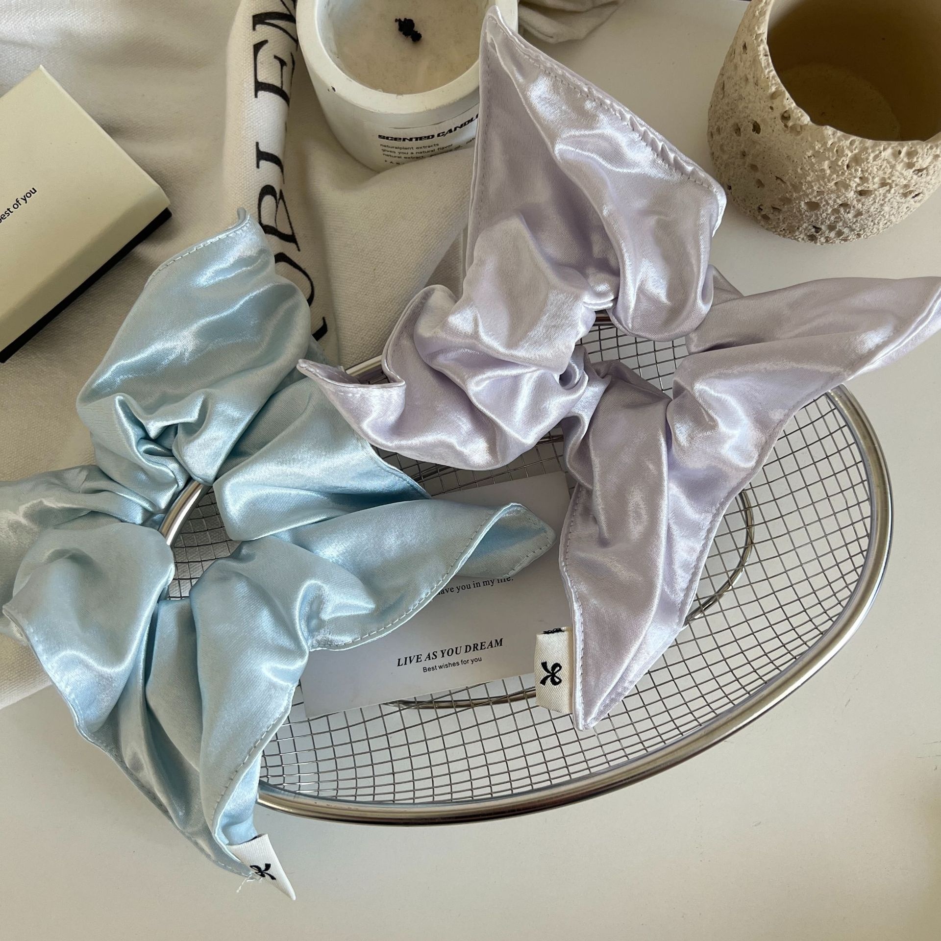 Women's Square Satin Hair Tie Daily Low Bun Accessory Solid Glossy Cream