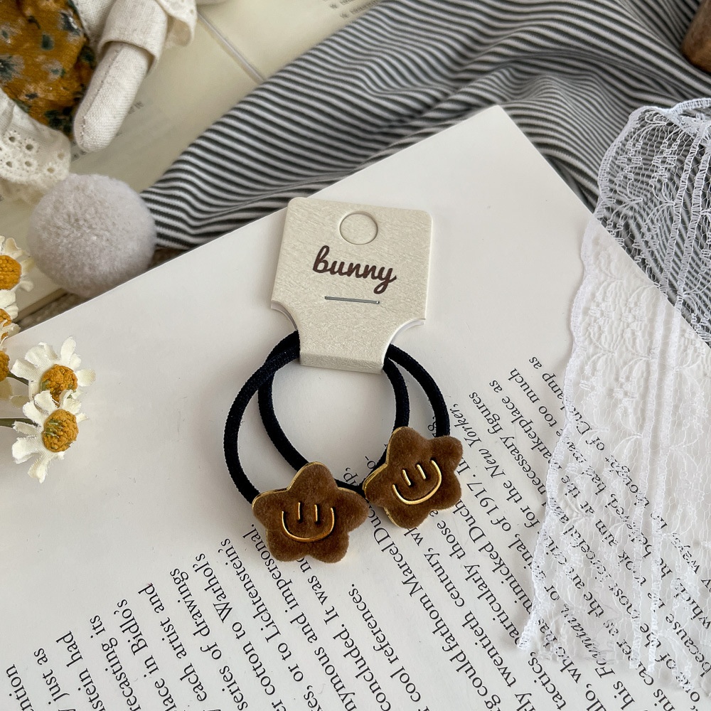 Girls Winter Flocked Elastic Hair Tie Star Smiley Face Black Yellow Blue