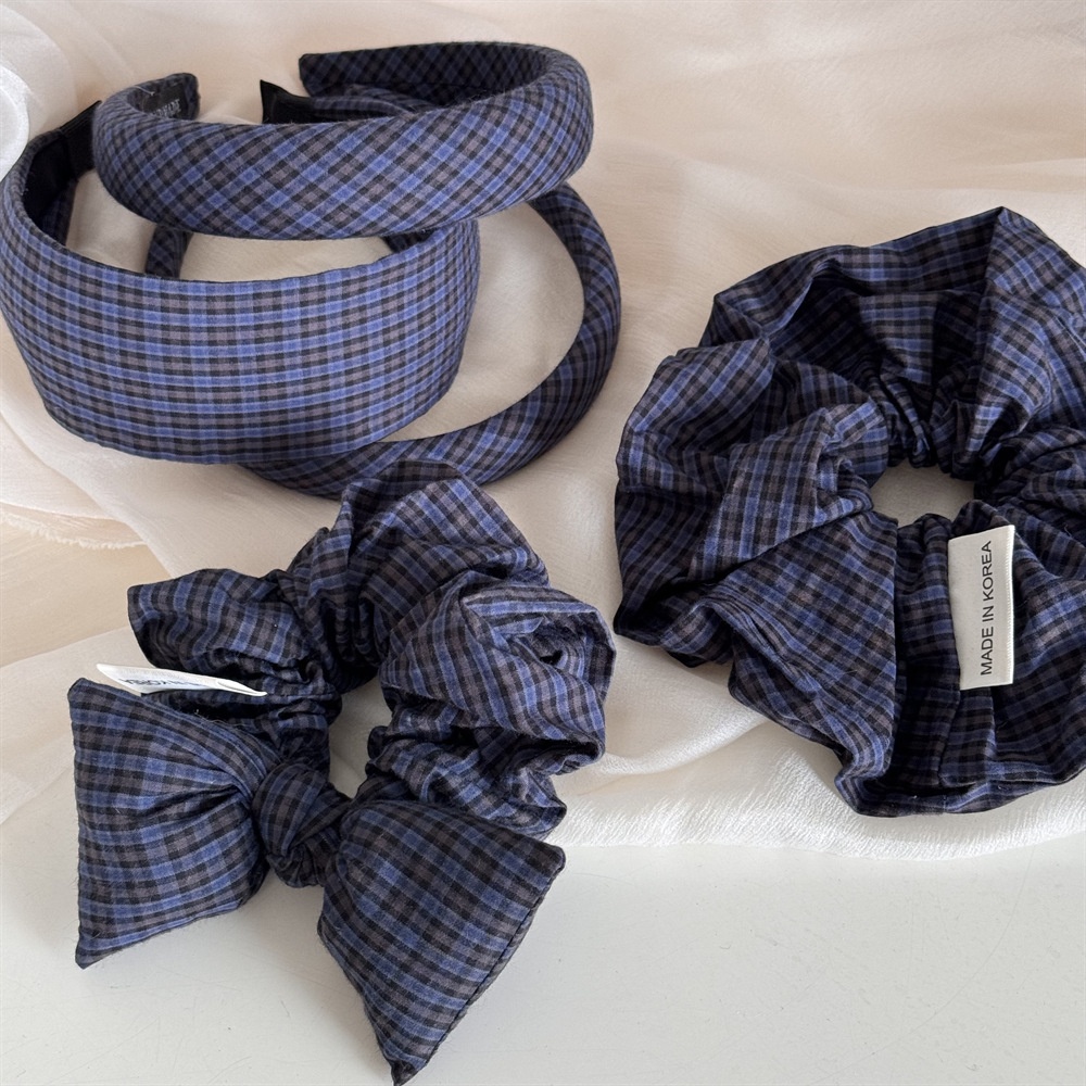 Women's Summer Cotton Bowknot Hair Accessories Navy Blue Plaid