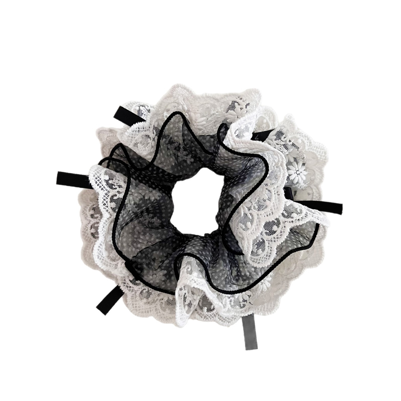 Women's French Lace Bow Elastic Hair Tie For Buns Black White Polka Dot