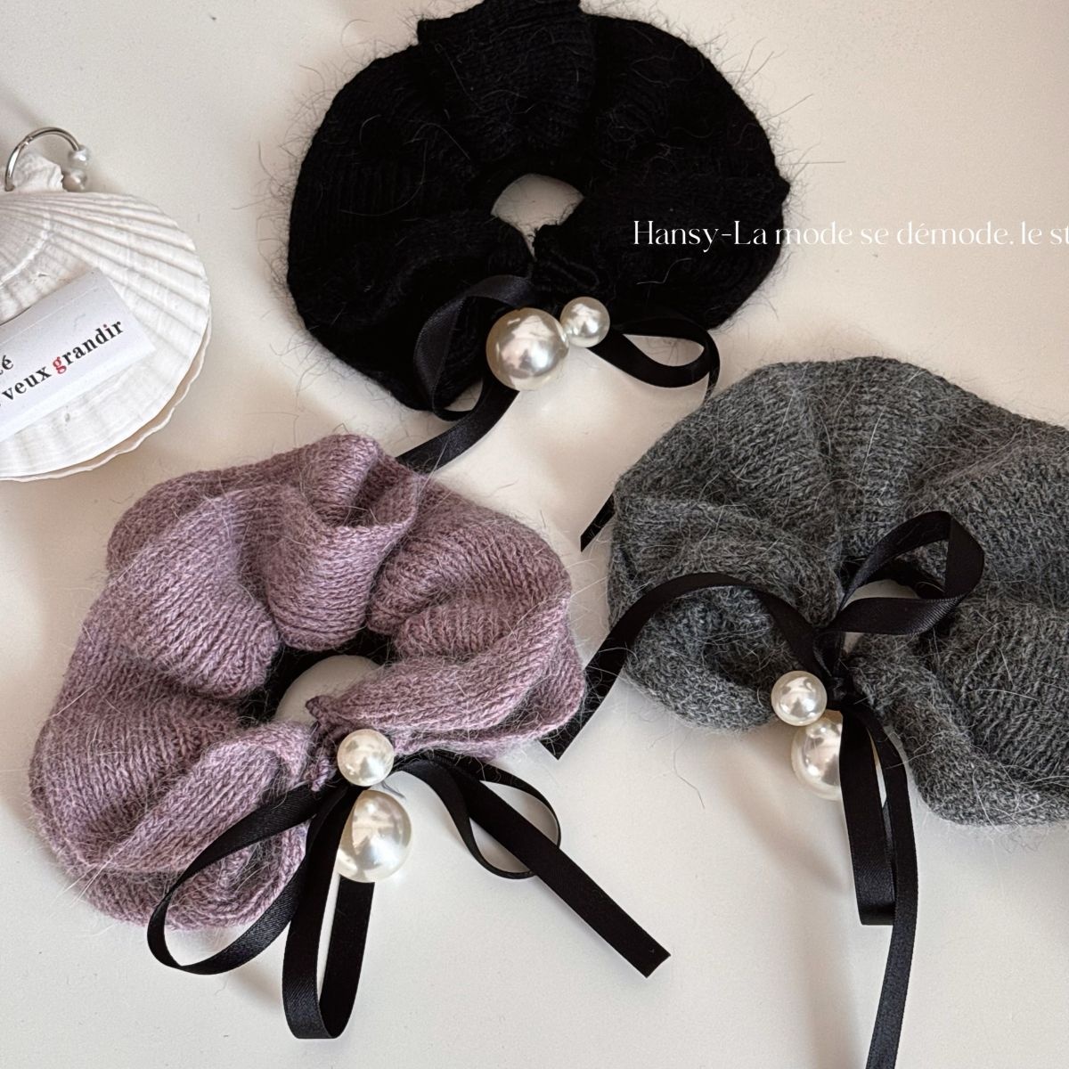 Women's High-end Pearl Knitted Wool Hairband Winter Ribbon Bow Bun Tie