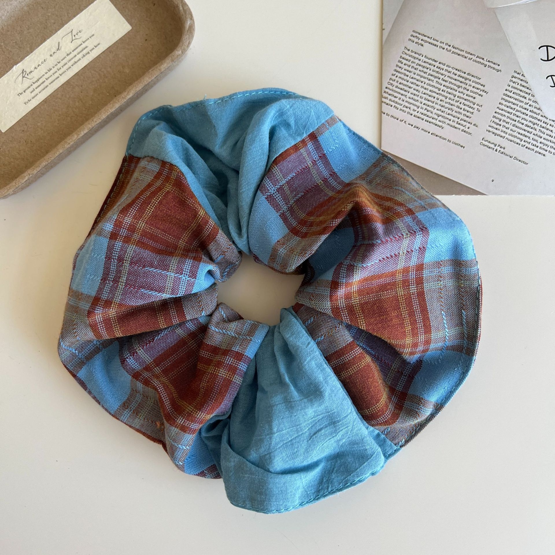Women Girls Cloth Scarf Ponytail Hair Tie Blue Red Plaid Lattice