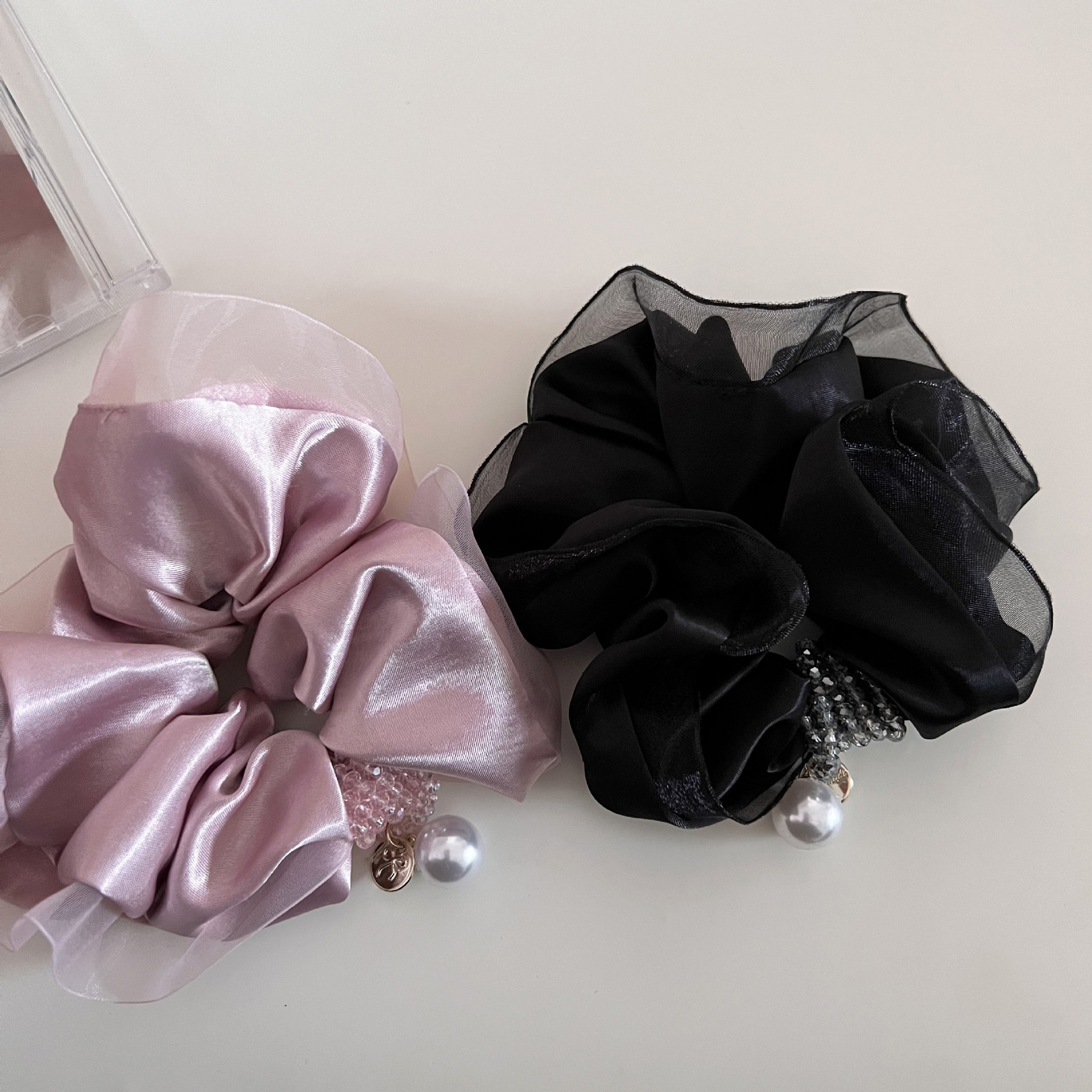 Women's Elegant Satin Pearl Hair Tie Glossy Solid Color Bun Accessory