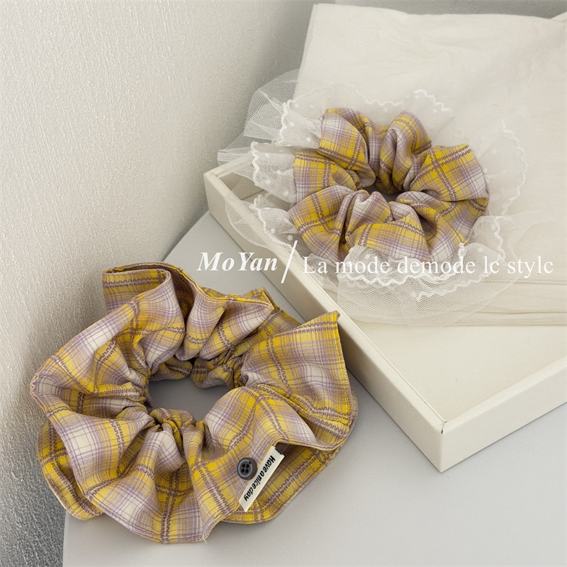 Women's Spring Soft Cloth Hair Tie Accessories Yellow Plaid Lace